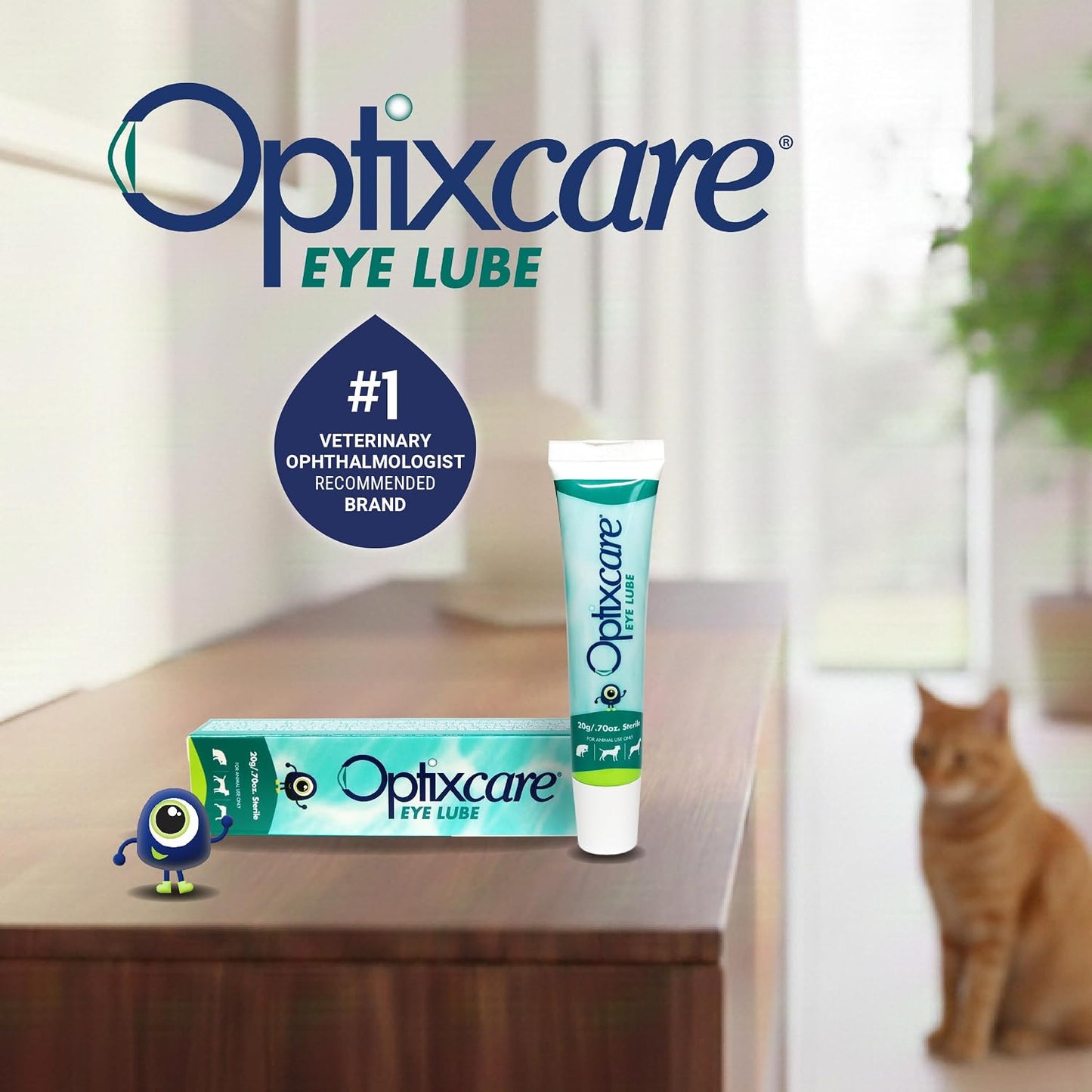 Optixcare sterile eye lube 20 Grams tube close up display.