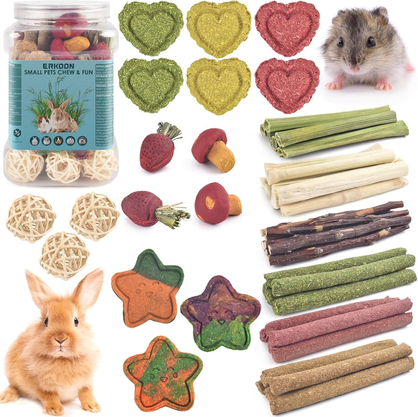 ERKOON 33PCS Bunny Chew Toys for Rabbits Teeth, Natural Rabbit Toys Apple Wood Sticks, Carrot, Timothy Grass Treats for Small Pets, Hamster, Chinchilla, Guinea Pig Dental Care and Treat Teething Toys - Image 9