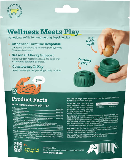 WOOF allergy support dog treats large size seven count package for canine immune health.