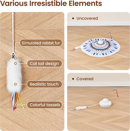 Close up of the non toxic tassel fish and tassel mouse replacement pieces for automated pet toys
