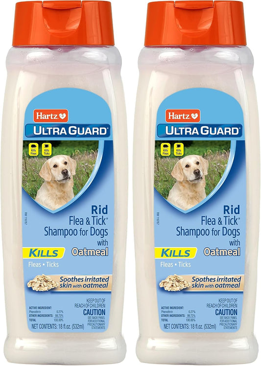 Back label view of Hartz flea and tick shampoo showcasing ingredients and usage instructions