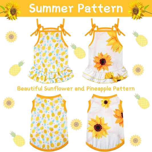 Frienda medium pet apparel collection displaying two cute summer dresses and two breathable t-shirts.