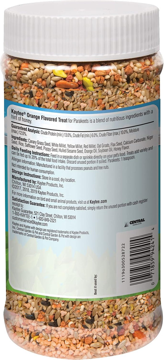 Kaytee 10 Ounce parakeet treat jar showing ingredient details