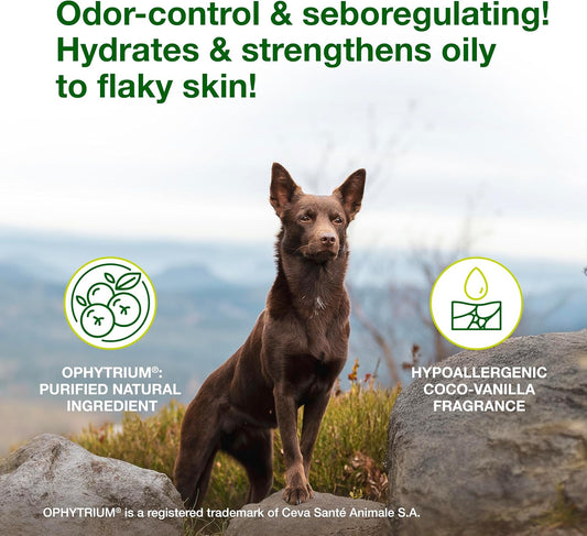 Douxo S3 Seb pet shampoo label showing Ophytrium benefits