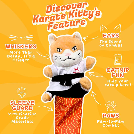 Wearable cat boxing puppet showing the protective flame pattern arm sleeve.