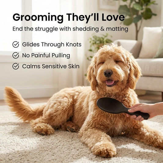 We Love Doodles professional detangling pet brush with lightweight beech wood handle.