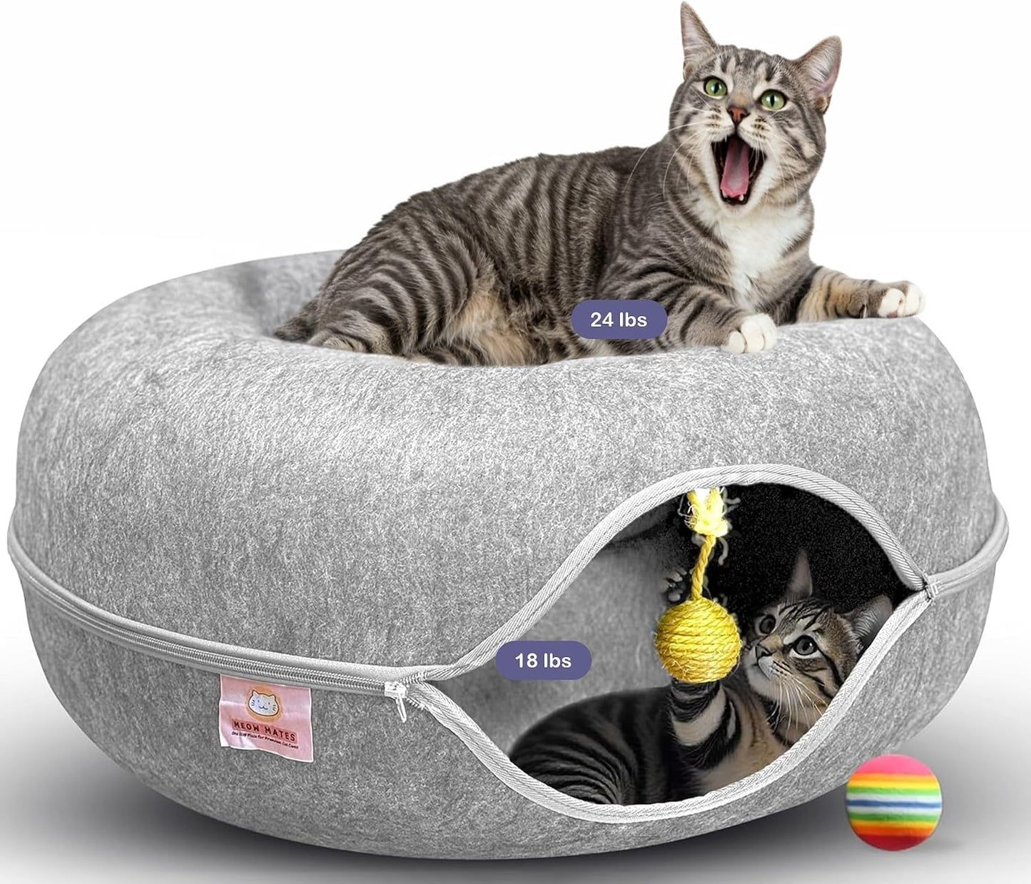 MeowMates Peekaboo Cat Cave Donut Bed for Multiple Cats Upto 45lbs, 3-in-1 Large Cat Tunnel & Donut Bed Combo w Round Tunnel Scratcher for Indoor Cats, Hanging Toy, Washable & Detachable - Dark Grey - Image 9