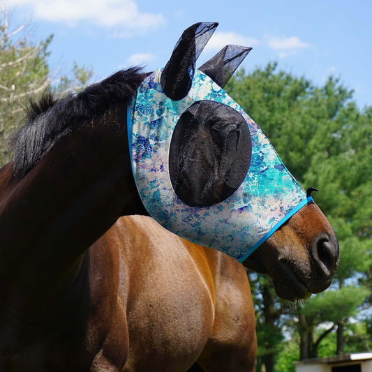 Side view of Harrison Howard stretchy fly mask pastel mix