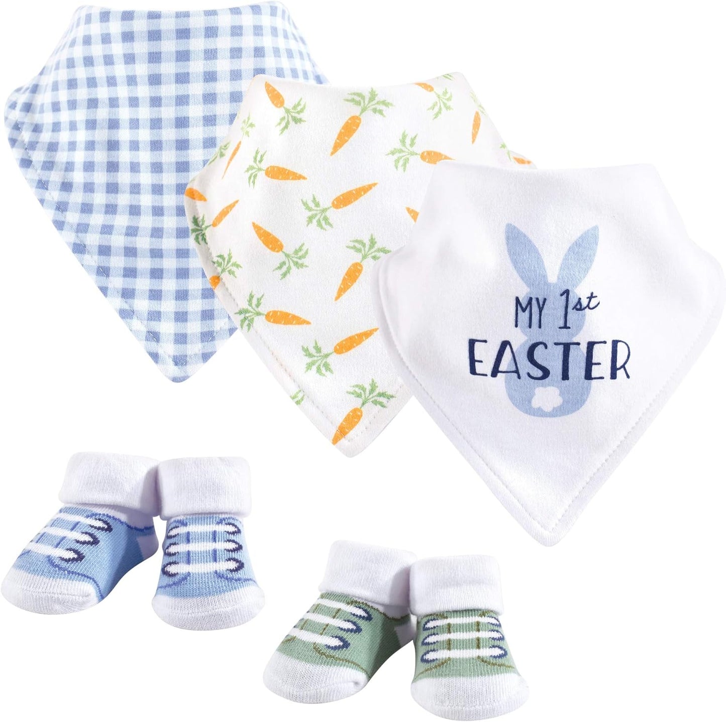 Hudson Baby Unisex Cotton Bib and Sock Set Boy First Easter front view premium infant accessories