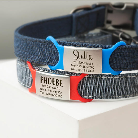 Anavia silent personalized dog name tag with black silicone band on a collar strap
