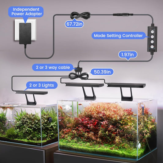 Full spectrum fish tank light demonstrating the sunrise gradient orange lighting mode over a freshwater aquascape.