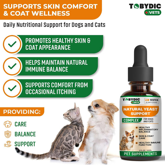 Tobydic pets yeast infection relief herbal supplement bottle showing lab tested badge