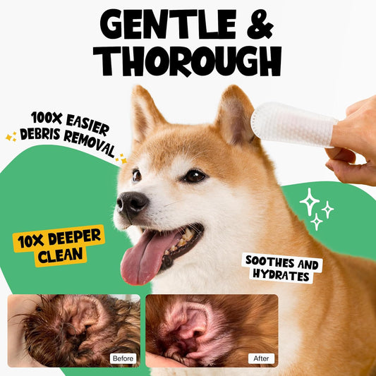 Close up of Roofus The Dog finger wipes for pet ear cleaning