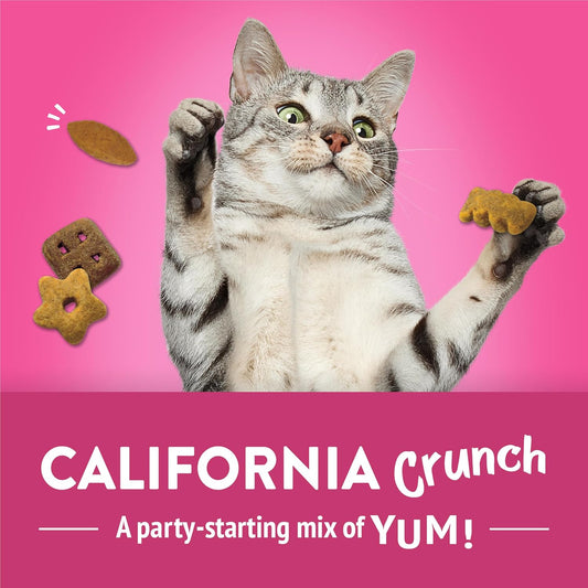 Purina California Crunch 30 Ounce cat treat packaging showing chicken turkey and bacon flavors