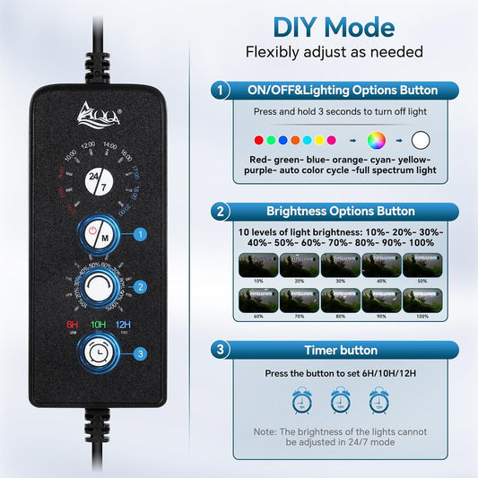 Full spectrum fish tank light submerged underwater with attached suction cups.