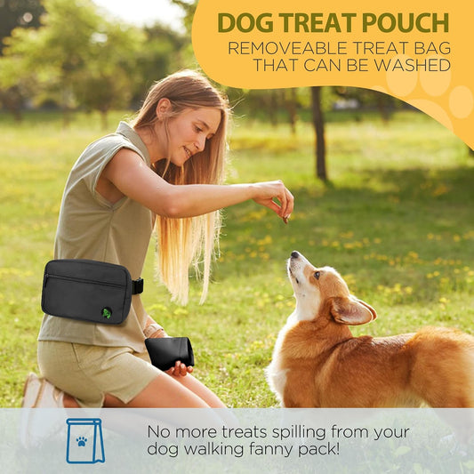 JRQCSJY pet training fanny pack side view highlighting the built-in rubber poop bag dispenser slot.