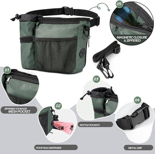 Dog Treat Training Pouch with Magnetic Zipper Closure - Built-in Poop Bag Dispenser, Side Pocket for Dog Water Bottle, 3 Ways to Wear,Carry Kibble & Pet Toys (GrayishGreen) - Image 2