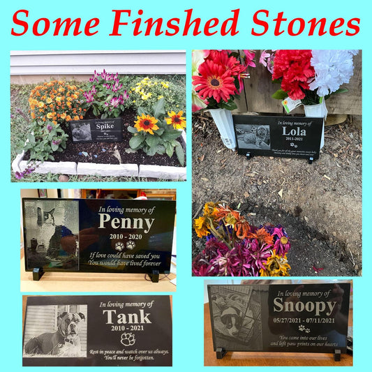 Close up of laser engraved pet name and dates on granite stone
