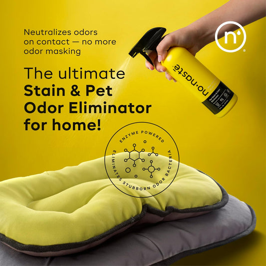 Nonaste enzyme cleaner bottle showing pet stain removal benefits
