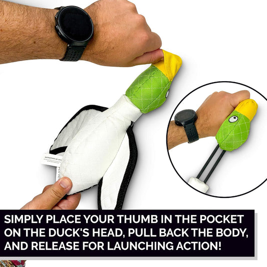 Hyper Pet duck fetch toy showing bungee neck mechanism