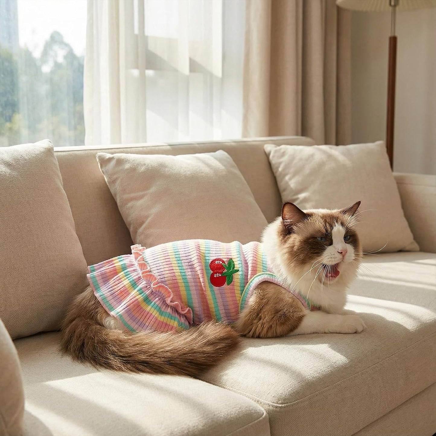 Imported small breed pet apparel detailing pink stripes and soft textures
