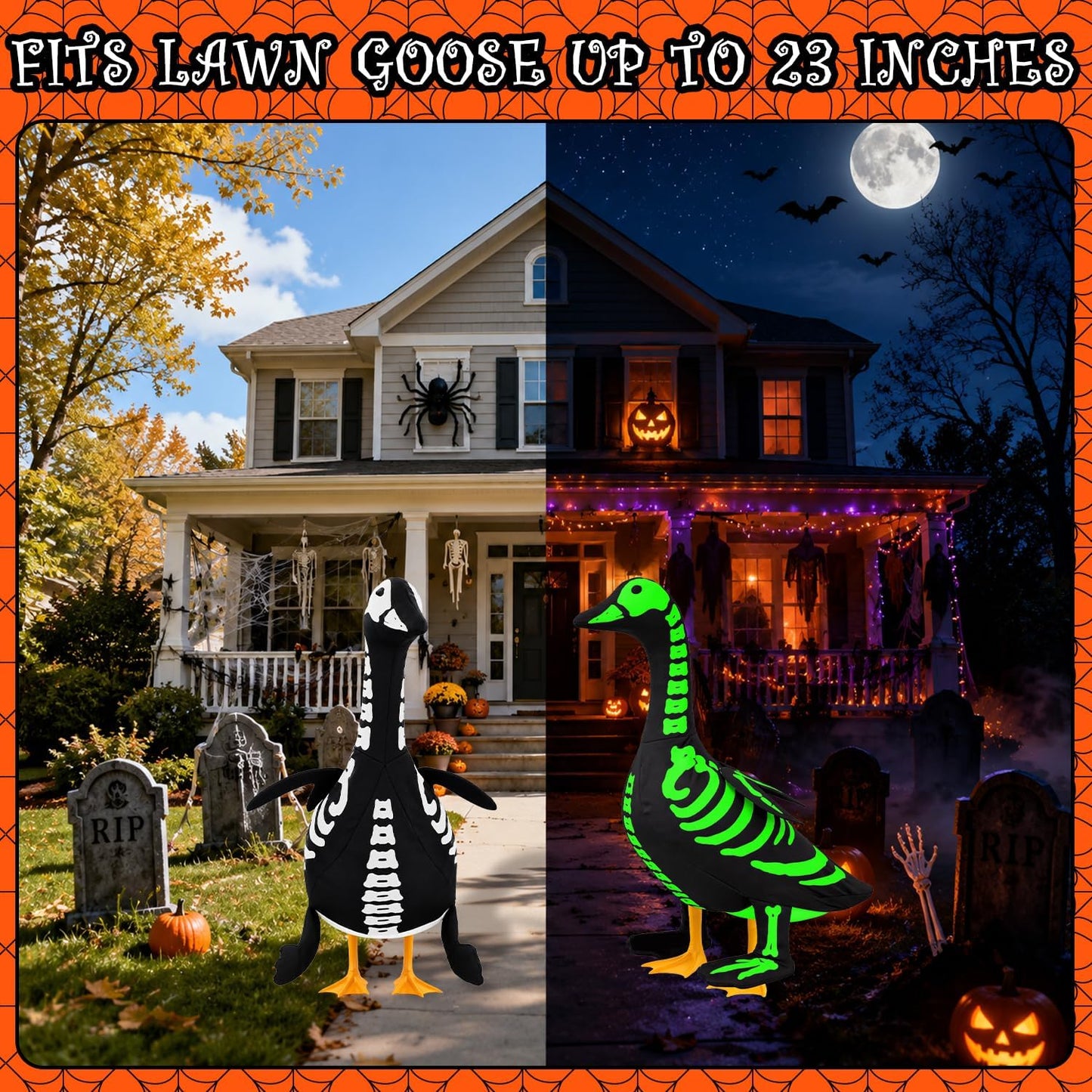 Close up of weather resistant Halloween goose outfit fabric and skeleton pattern