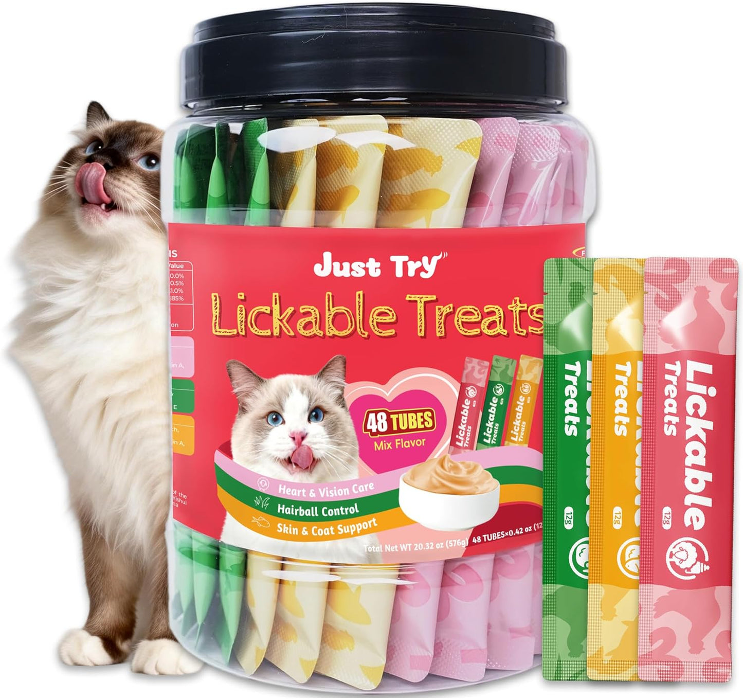 Just Try 20 Tubes Creamy Lickable Cat Treats, Healthy Cat Grass Treats, Hairball Control Relief Functional with Taurine & Vitamin E for Cats - Image 10