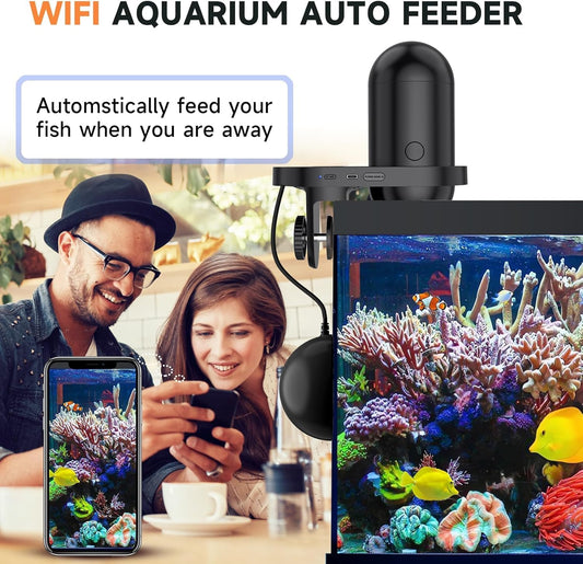 Hygger automatic fish food dispenser with integrated high definition camera mounted on glass