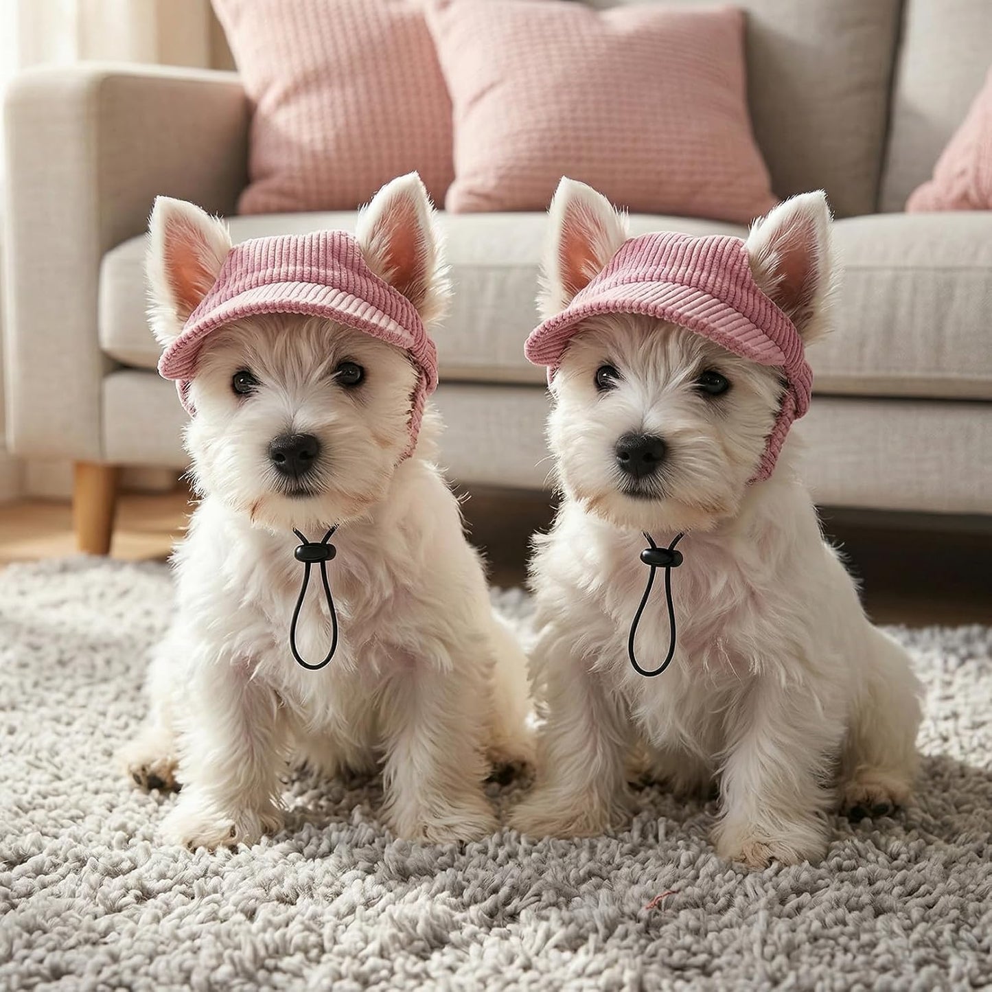 Small puppy modeling pink Rbenxia summer sun hat outdoors
