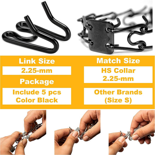 Close up view of black stainless steel dog training collar extension links showing smooth rounded edges