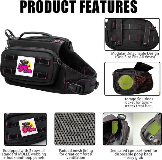 Lynxcore adjustable dog vest with neon pink stitching and detachable side pockets