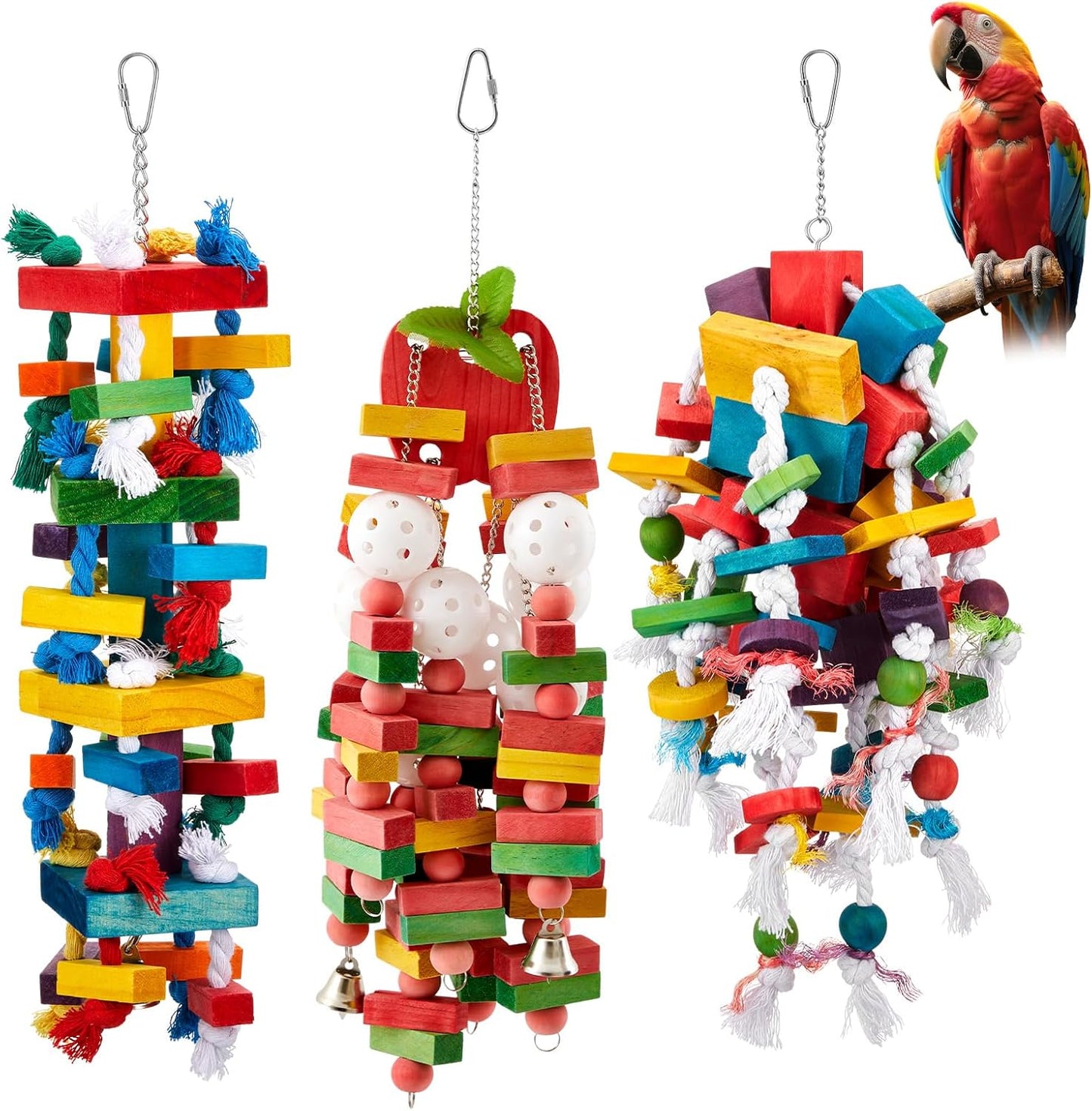 Seenelling 4 Pcs Extra Large Bird Parrot Toy Multicolored Natural Wooden Parrot Cage Chewing Toys for Large Medium Macaws Cockatoos African Grey Birds (Block and Ball) - Image 14