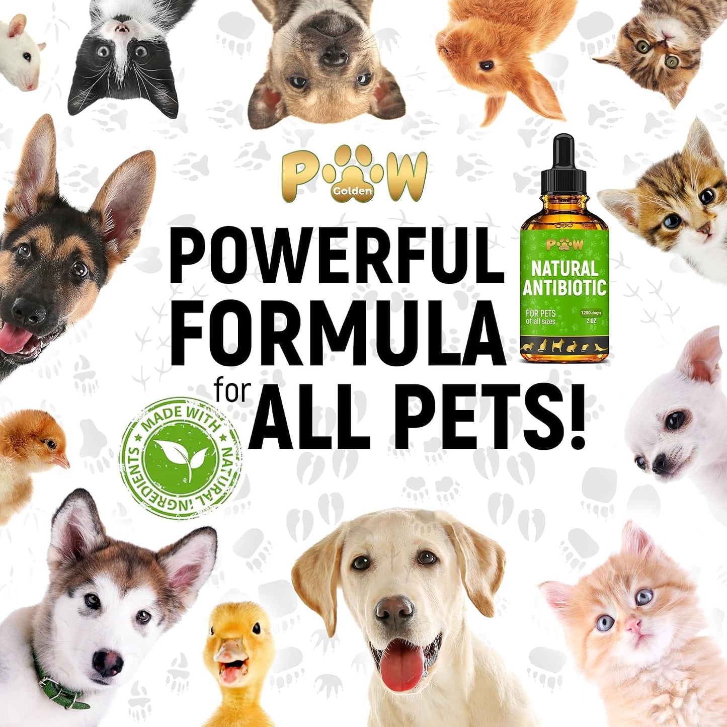 Golden Paw herbal supplement bottle illustrating safe use for all pet breeds