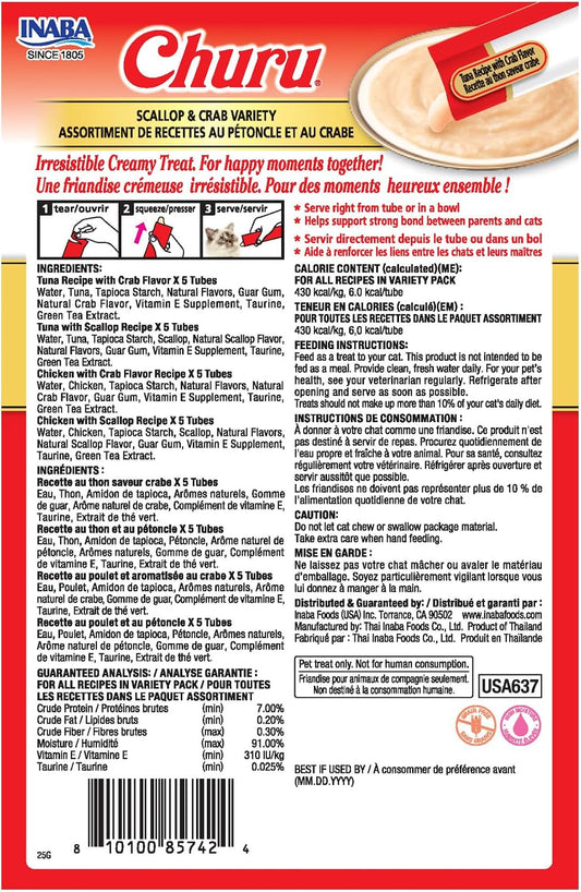 INABA Churu Cat Treats, Lickable, Squeezable Creamy Pure Cat Treat with Green Tea Extract & Taurine, 0.5oz. Each Tube, 20 Tubes, Scallop & Crab Variety - Image 2