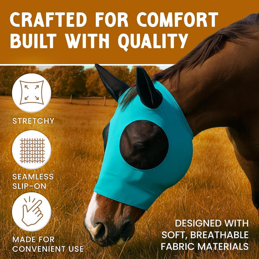 Horse wearing leopard print UV-blocking fly mask in pasture