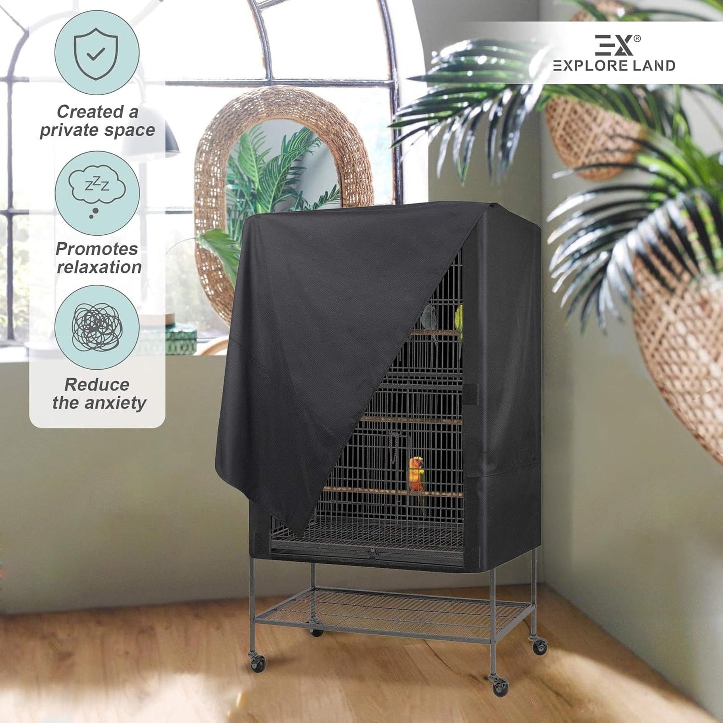 Explore Land dark colored bird cage drape back view setup