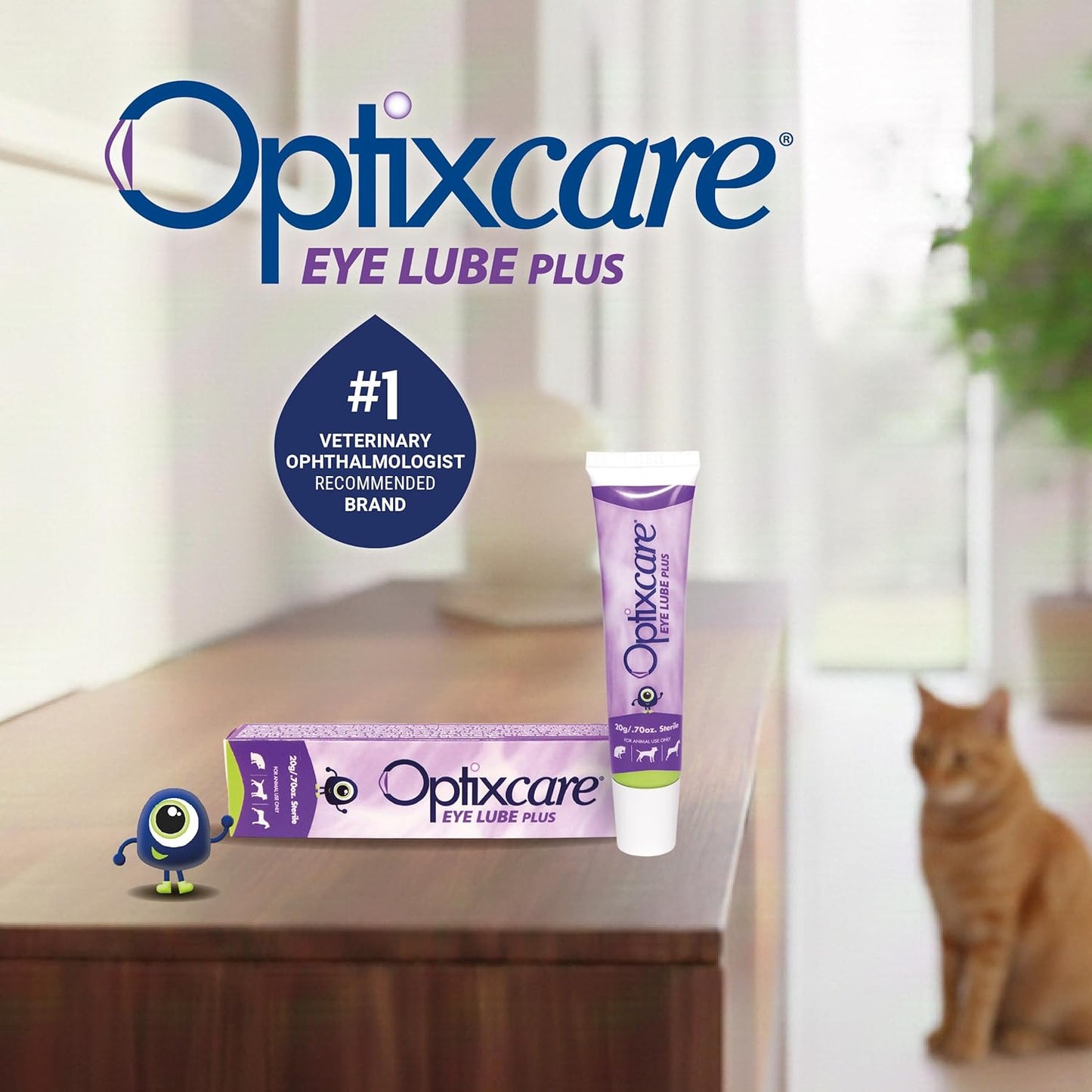 OptixCare hyaluronic acid eye lube for horses dogs and cats showing complete product carton layout.