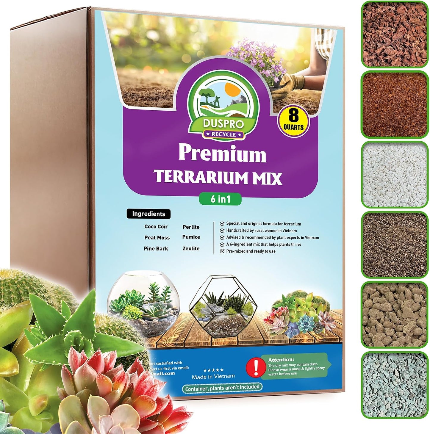 DUSPRO Premium 6in1 Terrarium Soil Mix - Pre-Mixed Terrarium Substrate Mix for Terrariums, Balanced Moisture Growing Medium with Coco Coir, Peat Moss, Pine Bark, Perlite, Pumice & Zeolite 4QRT - Image 9