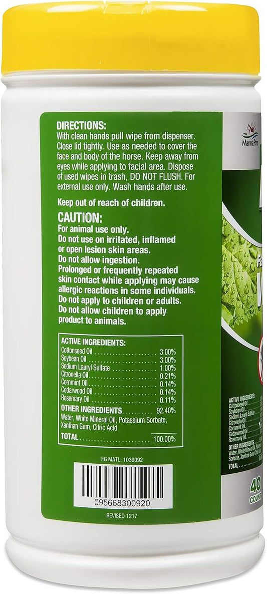 Manna Pro horse insect repellent botanical wipes canister showing product instructions