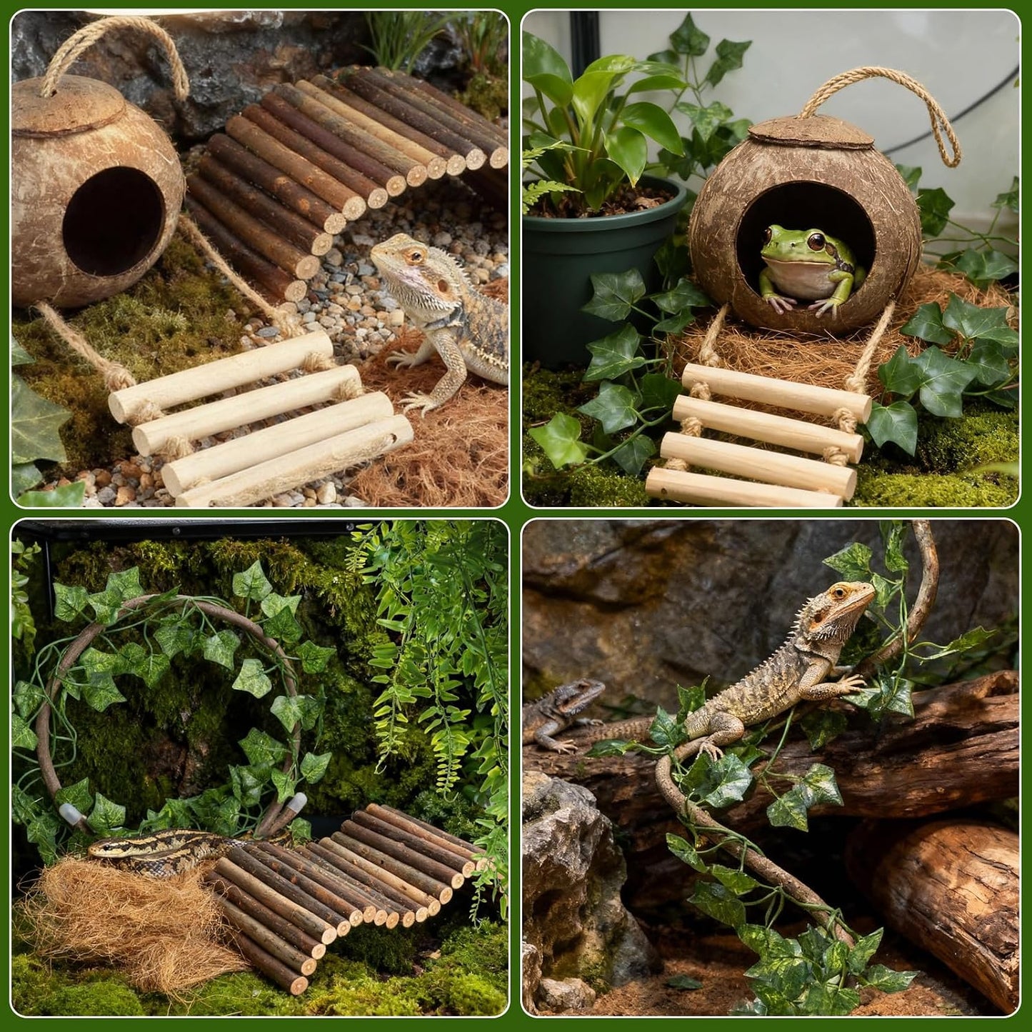 14Pcs Reptile Plants Bridge Vines Leopard Gecko Coconut Hut Crested Gecko Tank Accessories Lizard Coco Den with Ladder for Lizard, Chameleon Cage, Snakes, Hermit Crab - Image 7