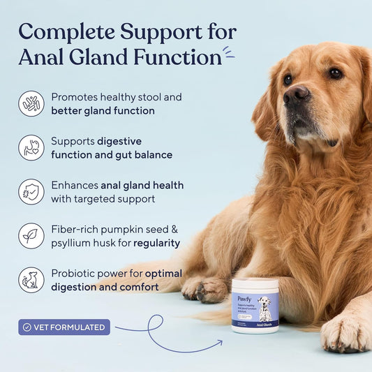 Pawfy dog supplement container showing 30 soft chews