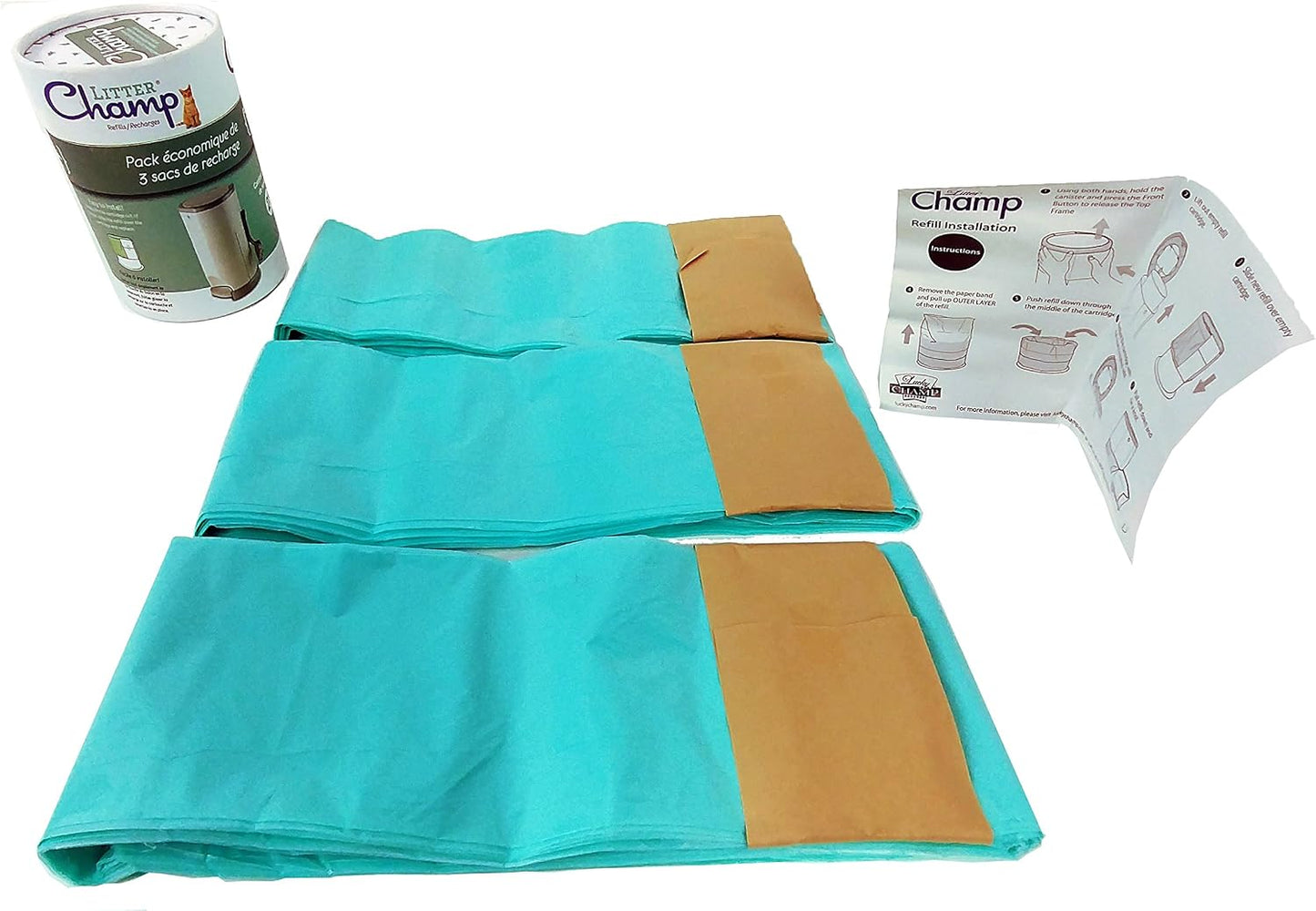 Lucky Champ cat waste management refill liner pack components spread out on display