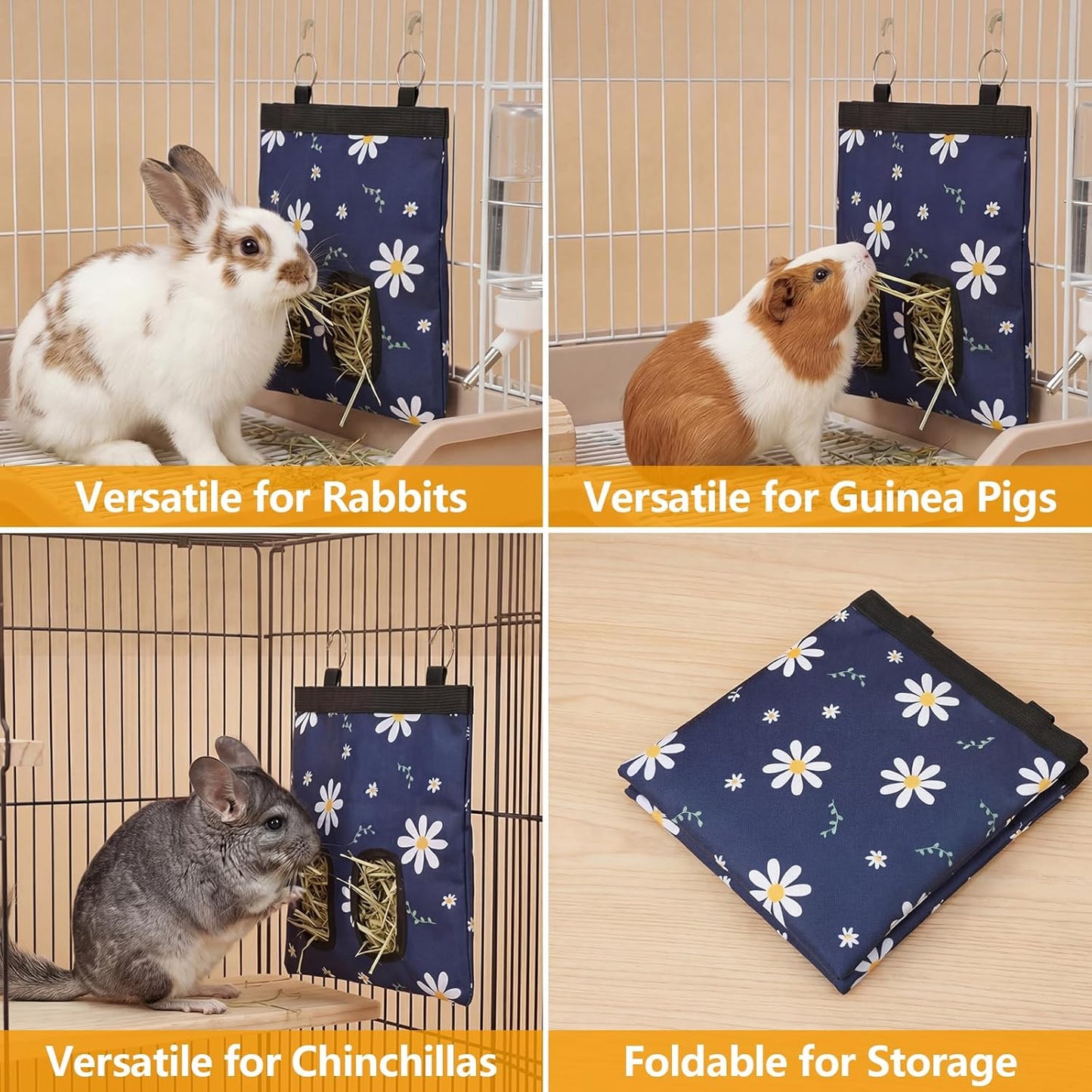 Ondware Rabbits Hay Feeder Bag for Bunny - Hanging Washable Dual-Port Hay Dispenser for Rabbits, Guinea Pigs; 600D Oxford Fabric, Collapsible, Blue Daisy Pattern - Image 6