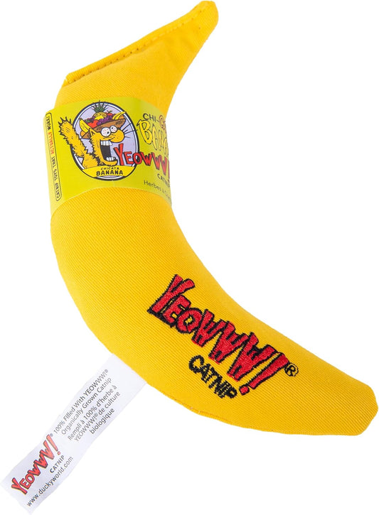Cat playing with Yeowww! organic banana toy
