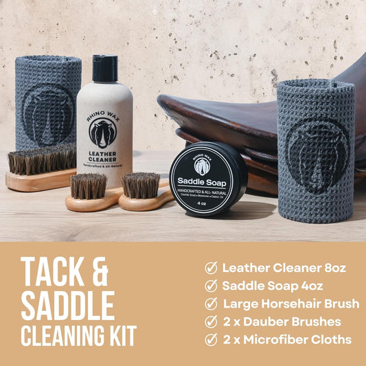 Natural saddle soap tin and leather cleaner bottle with horsehair brushes
