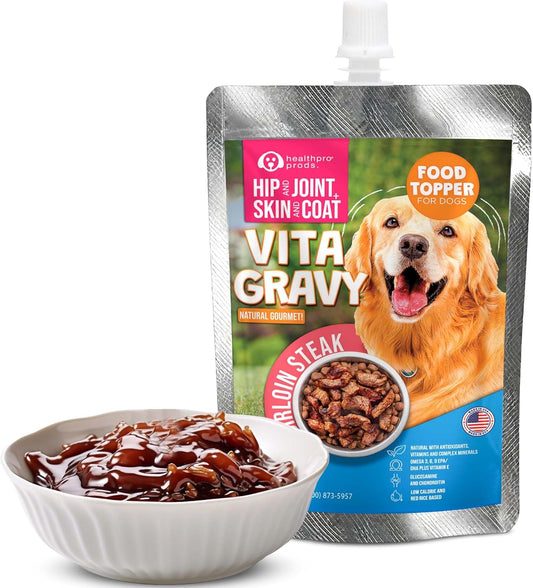 Healthpro Prods VitaGravy Sirloin Steak liquid food topper poured over dry kibble