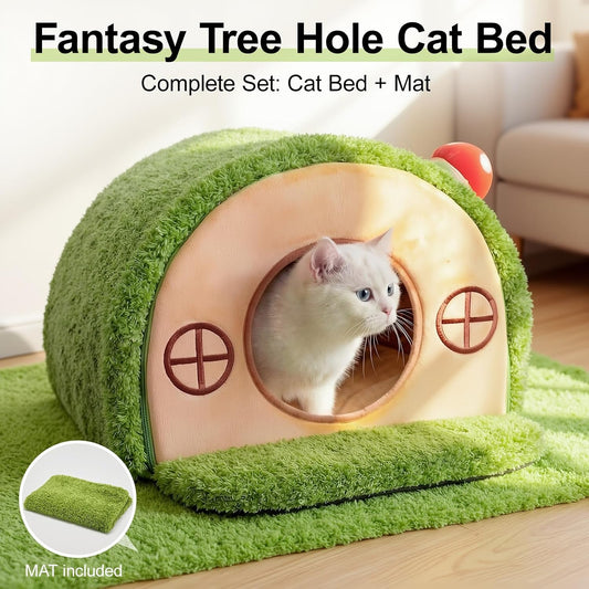 Side angle of Mellownido forest-themed cat cave hideaway