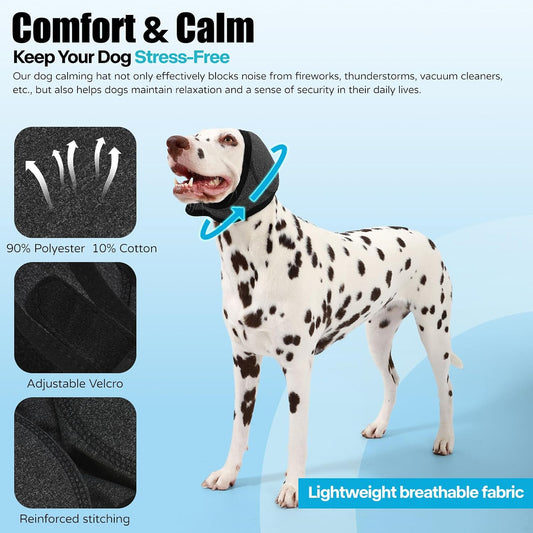 Side view of dog wearing waterproof calming ear hood