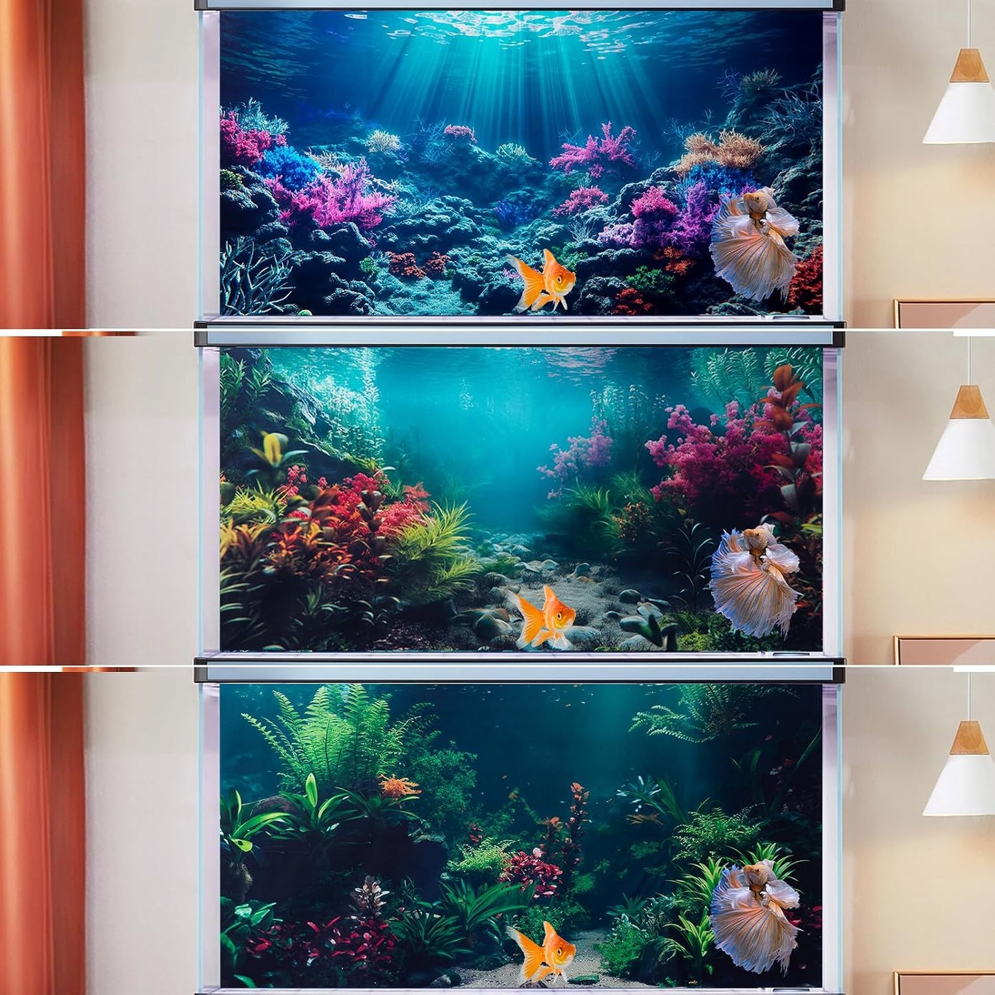 COMSUN marine life aquarium background showing three different undersea scenery options side by side.