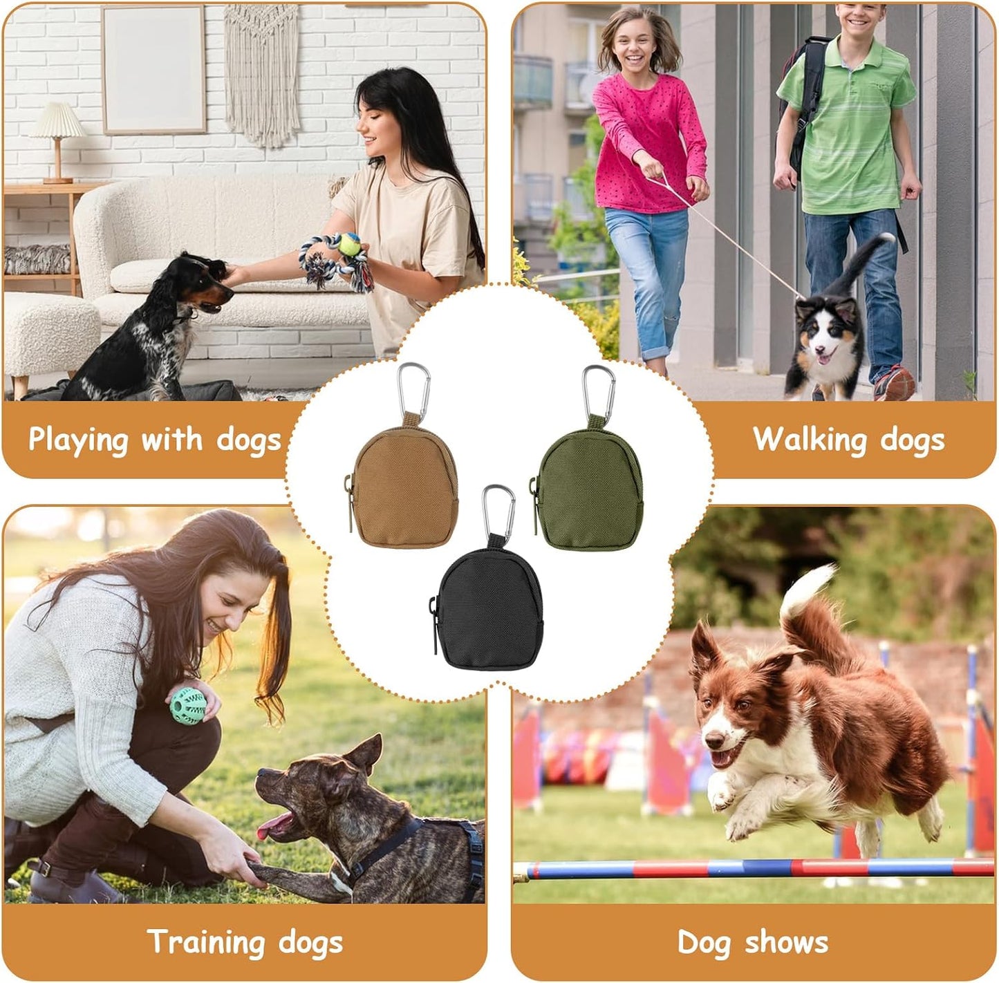 Three Tucnoeu dog training pouches arranged on a table